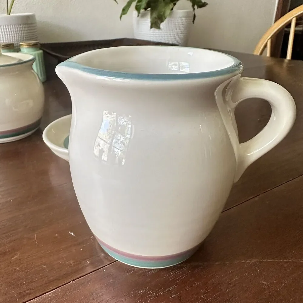 PFALTZGRAFF Juniper Creamer Sugar Bowl Spoon Rest Green Mauve‎ Stripe Vintage